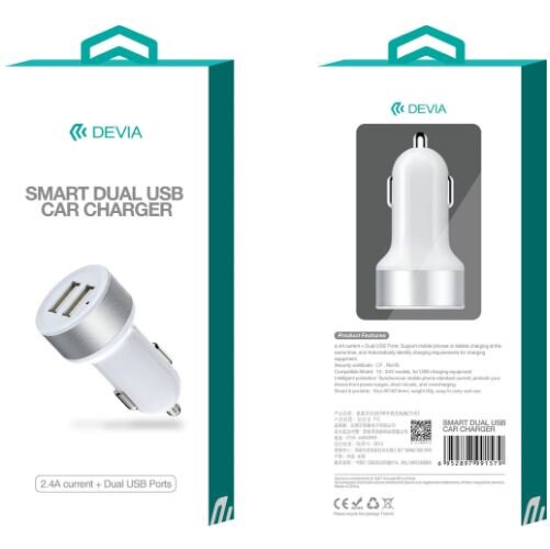 Devia Smart Dual USB auto punjač 2.4A - bijeli